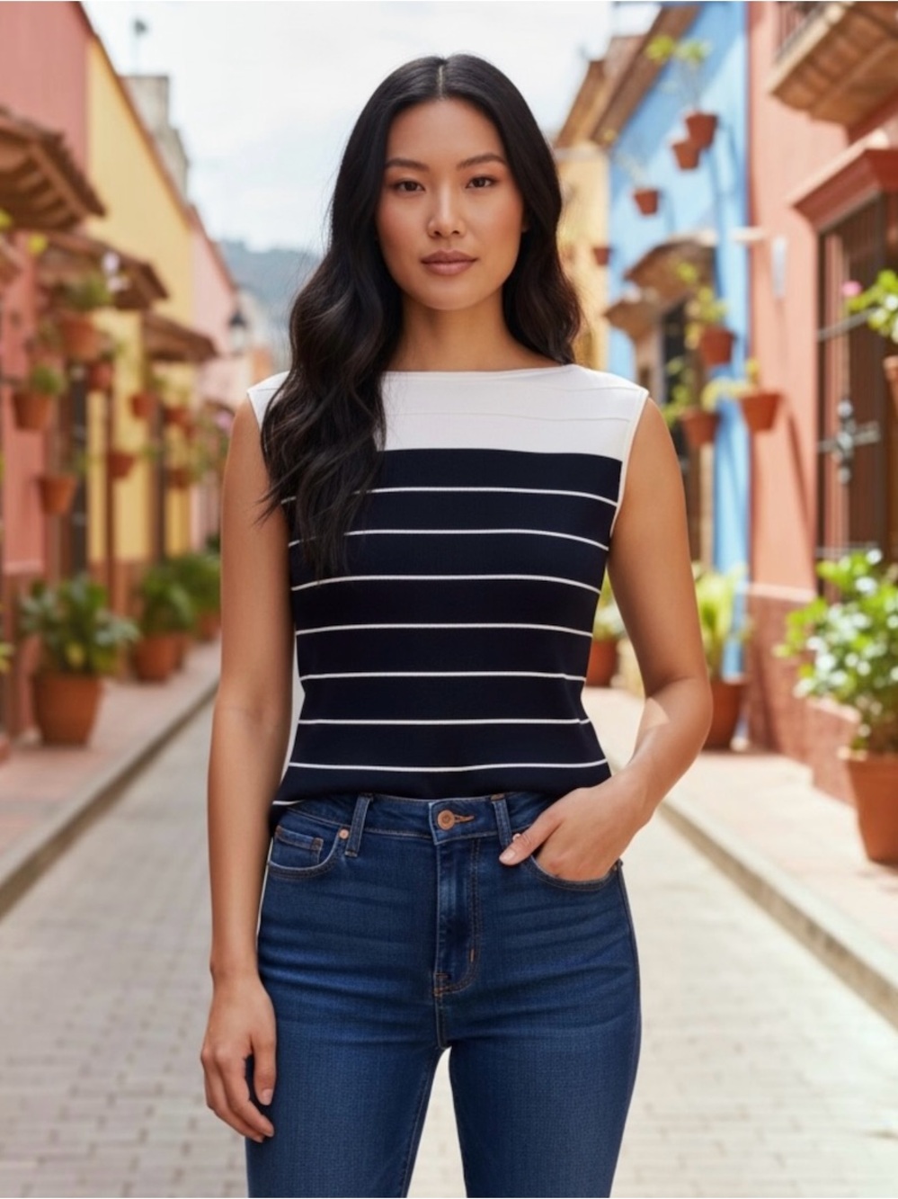 White House Black Market Sleeveless Knit Ponte Top V-Back Sz.M Business Nautical